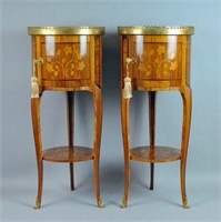 PAIR MARBLE TOP MARQUETRY INLAY ROUND-FORM STANDS