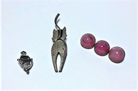Three Sterling Pins One with Pink Stones