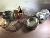 Handmixer, glass cake pans, cake plate, angel food