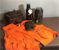 2XL Hunting Vest, cooler bag, camo hat, water jug