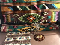 Navaho blanket, table runner, angel candle holder