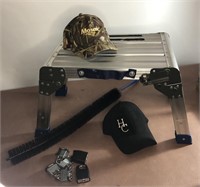Metal folding step stool, 2 new hats, locks-no key