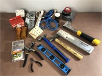 Hammers, elec cord,tape,level, hold punch, stapler