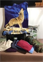 Plastic Tote, 2 wolf towels/assorted towles/moving