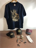 XL t shirt/hats/4 folding knives/3 belt buckles