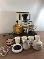 Melita Coffee maker, coffee grinder, cups, creamer