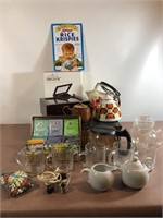Tea box with tea, electric kettle, 3 tea pots, cup