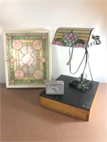 Keyrack, stained glass desk lamp, clock