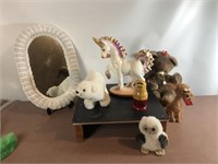 White mirror, Unicorn, stuffed bear, stacking doll