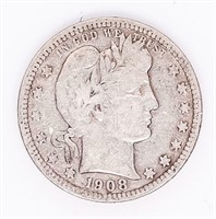 Coin 1908-D US Barber Quarter In Fine - Scarce