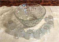 Glass Punch Bowl w/ 8 Matching Cups