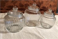 Set of 3 Ribbed Glass Canisters w/ Lids