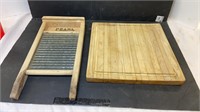 Small washboard, and large wooden cutting board.