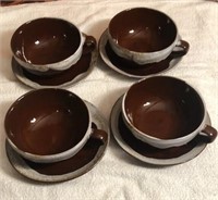 Set of 4 Vintage Brown Pottery Soup Cups/ Saucers