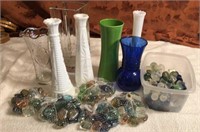 7 Assorted Decorative Vases & Glass Stones