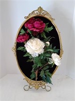 Wall Decor Artifical Floral, Brass Oval Frame,