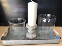 115 - DECORATIVE TRAY, CANDLE HOLDER & CYLINDERS