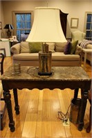 Marble Top Turn Leg Hall Table and Lamp