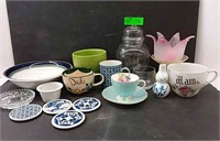 Various cups, dish and vase with lid