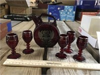 Silver Trim Red Glass Pitcher and Stem Shots