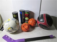 ASSORTED NEW AND USED BALLS, MINI HOCKEY STICK