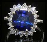14K Gold Cushion 6.54 ct Sapphire & Diamond Ring