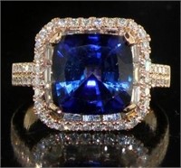 14K Gold 7.52 ct Cushion Sapphire & Diamond Ring