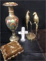Brass Vase, Birds, Glass Cross & more