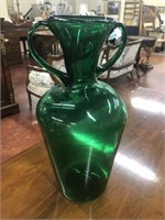 2 handled Green Glass Vase 15" tall