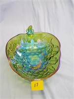 Green carnival glass bowl
