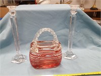 Pr. crystal candle Sticks and art glass basket