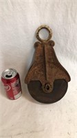 Vintage cast iron and wooden pulley