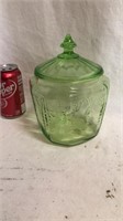 Green depression glass cracker jar
