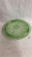 Green depression glass cake plate in Cameo