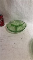 Green depression glass divided dish in cameo