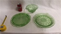 Vaseline glass bowl and two green depression