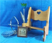 Wooden Doll seat, metal tulip candle holder and