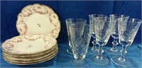 6 pinwheel glasses and 6 bridal rose side plates