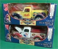 Two Pepsi die cast 1:18 scale coin bank trucks