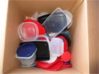 Box of plastic storage containers with lids