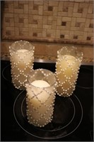 3 WHITE BEADED CANDLE HOLDERS