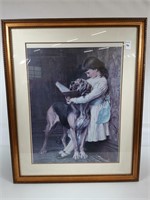FRAMED GIRL WITH DOG PRINT BY PEARS 26" X 32"