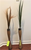 PAIR FAUX WOOD VASES W/ FAUX PLANTS