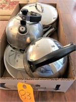 LARGE STAINLESS SKILLET, WATER BOILER, ETC.