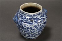 Chinese Blue and White Twin Handled Porcelain Jar,