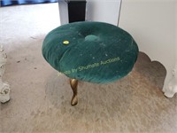 Round green upholstered low stool brass feet