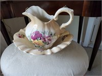 Staffordshire floral design bowl and pitcher