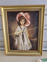 Painting of girl in large pink hat - signed SRH