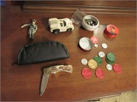 tonka car,knife,buttons & tokens