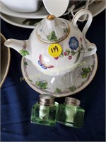 Teapot, cup and saucer & green glass S/P